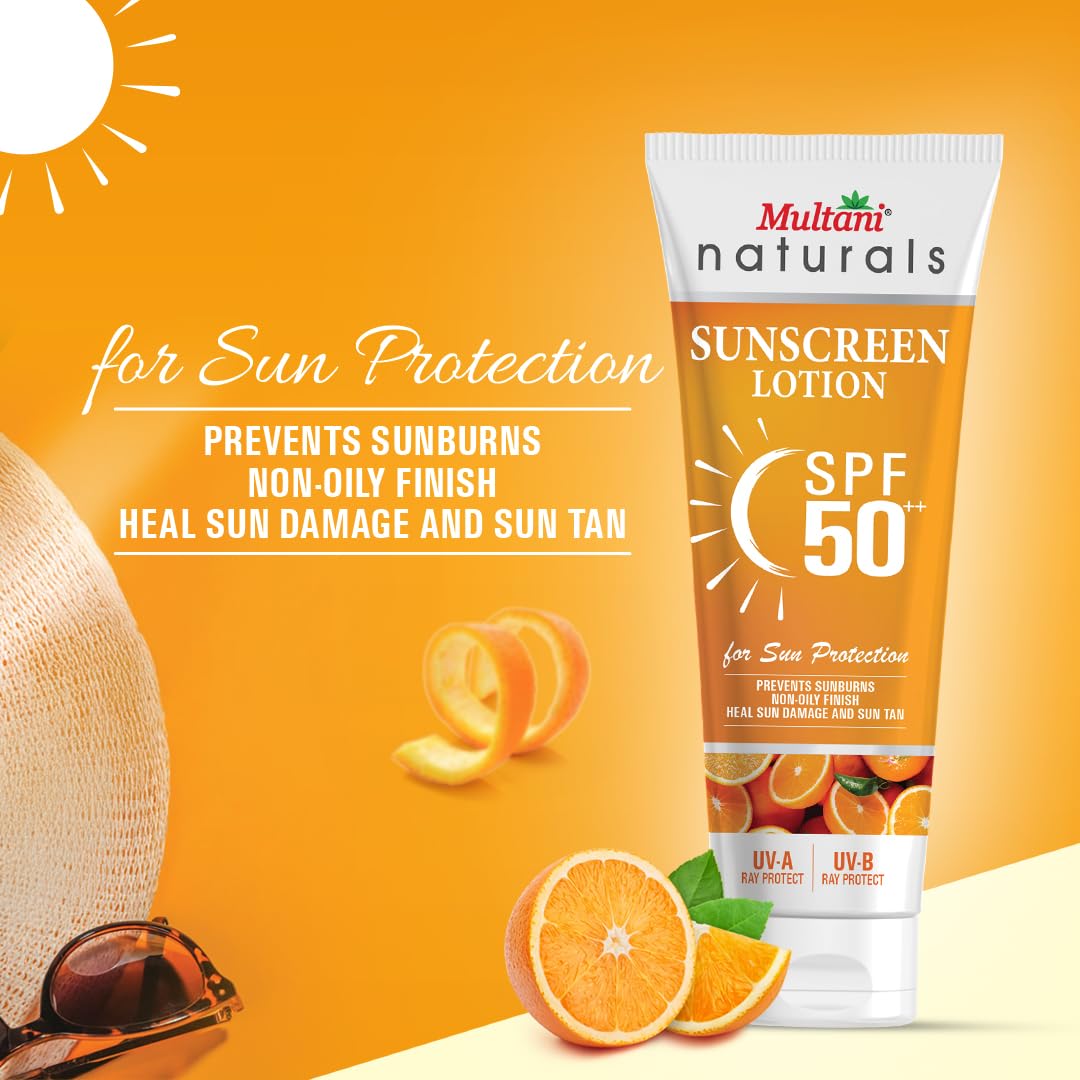 Multani Naturals Sunscreen Lotion SPF 50++ | Broad Spectrum UVA/UVB | Blue Light Protect | No White Cast | Water Resistant, Ultra Light & Non Sticky | For Oily, Dry & Sensitive Skin | For Women & Men | Free From Paraben, Mineral Oil & Sulphate |100ml