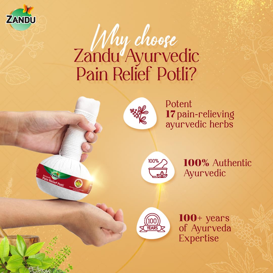Zandu Ayurvedic Pain Relief Potli | 100% Ayurvedic Manual Massager Potli | 17 Herbs to Soothe Pain, Knee, Back, Legs | Reduces Joint & Muscular Pain | Improves Blood Circulation for Men & Women | 180g