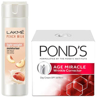 Lakmé Moisturizer Body Lotion, Peach Milk, 200ml And POND'S Age Miracle Wrinkle Corrector Day Cream SPF 18 PA++ 20g
