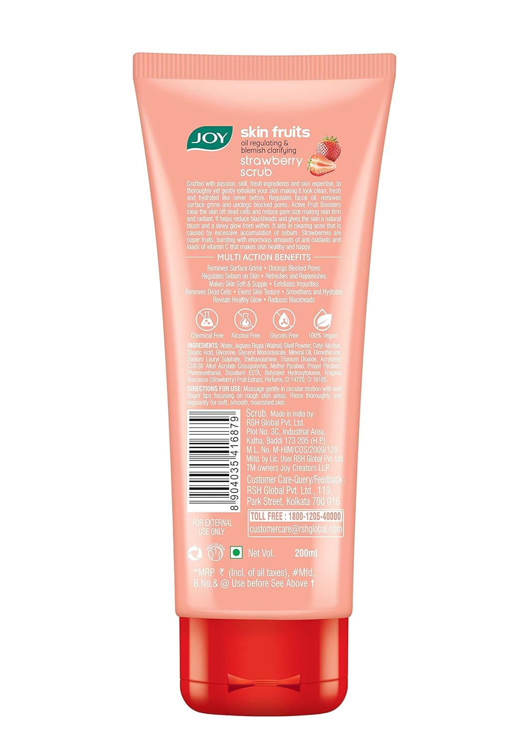 Joy Strawberry Face & Body Scrub for Blackhead Removal & Oil Control - 200gm | Exfoliating Scrub with Vitamin C, Controls Excess Oil & Removes Blemishes | 100% Vegan & Gentle on Skin