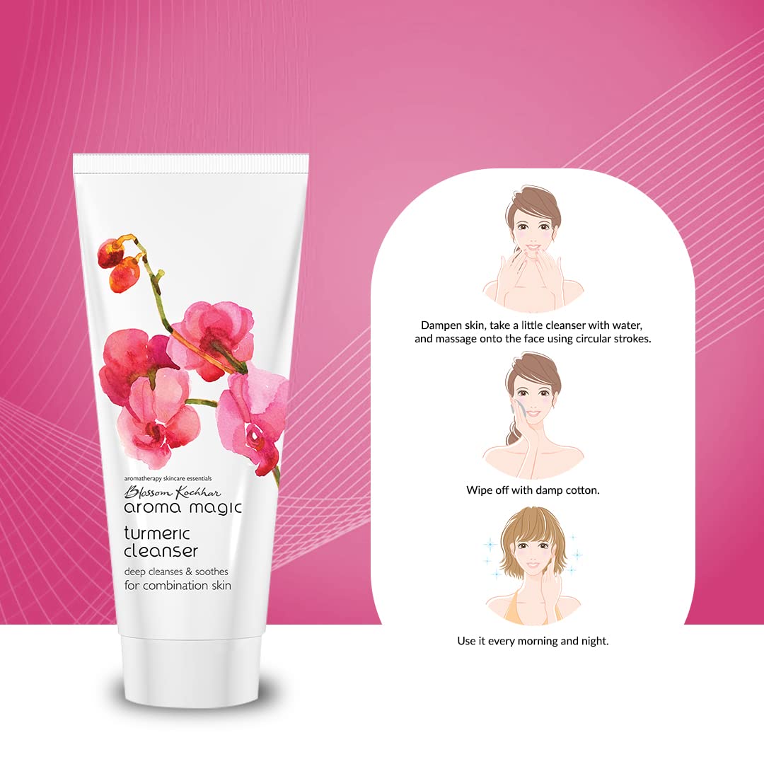 Aroma Magic Turmeric Cleanser | Deeply cleanses, hydrates, unclogs pores & soothes skin with Grapeseed, jojoba & ylang-ylang essential oils, Damask rose extracts | For Combination Skin - 100 gm