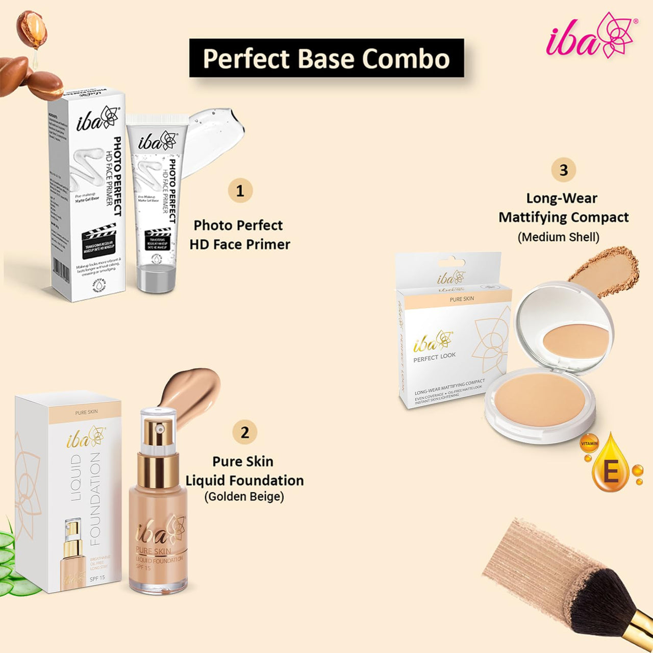 Iba Primer + Foundation + Compact Base Combo - Golden Beige | Long Lasting, Full Coverage Base Makeup | Vegan & Cruelty-Free