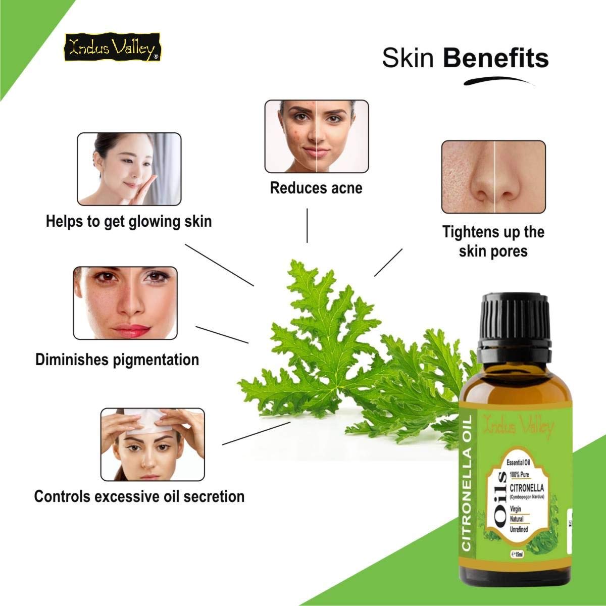 Indus Valley 100% Pure Natural & Organic, Undiluted citronella Essential Oil with Glass Dropper for Skin, Hair Care -15ml