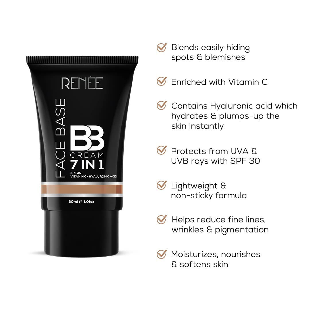 RENEE Face Base BB Cream 7 in 1 with SPF 30 PA+++, Enriched with Hyaluronic Acid, Vitamin C, Hydrates, Nourishes & Smoothens Skin Texture, Praline 30ml