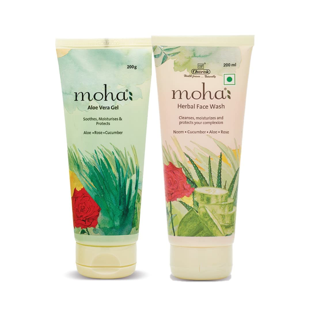 moha: Aloe Vera Gel 200 gm and Herbal Face Wash 200 ML | Face Wash With Goodness Of Neem, Aleovera, Cucumber, Rose Combo Pack