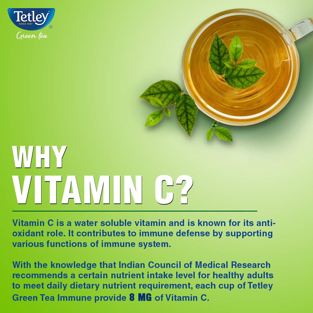 Tetley Green Tea Immune, With Added Vitamin C, Classic Green Tea Flavour, 25 Tea Bags, 1.3 Gram X 25