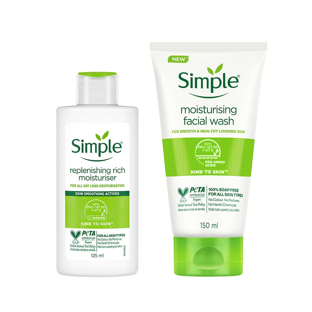 Simple Kind to Skin Replenishing Rich Moisturiser| Face Cream for All Skin Types| Sensitive Skin, 125 ml & Moisturising Facial Wash Facewash, No Soap 150 ml