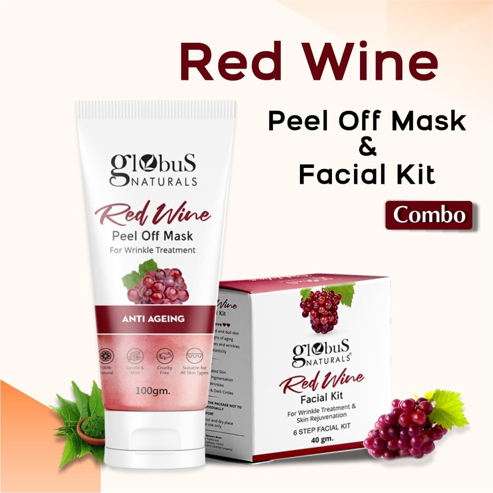 Globus Naturals Red Wine Peel Off Mask & Facial Kit Combo, Anti Ageing Formula, For All Skin Types