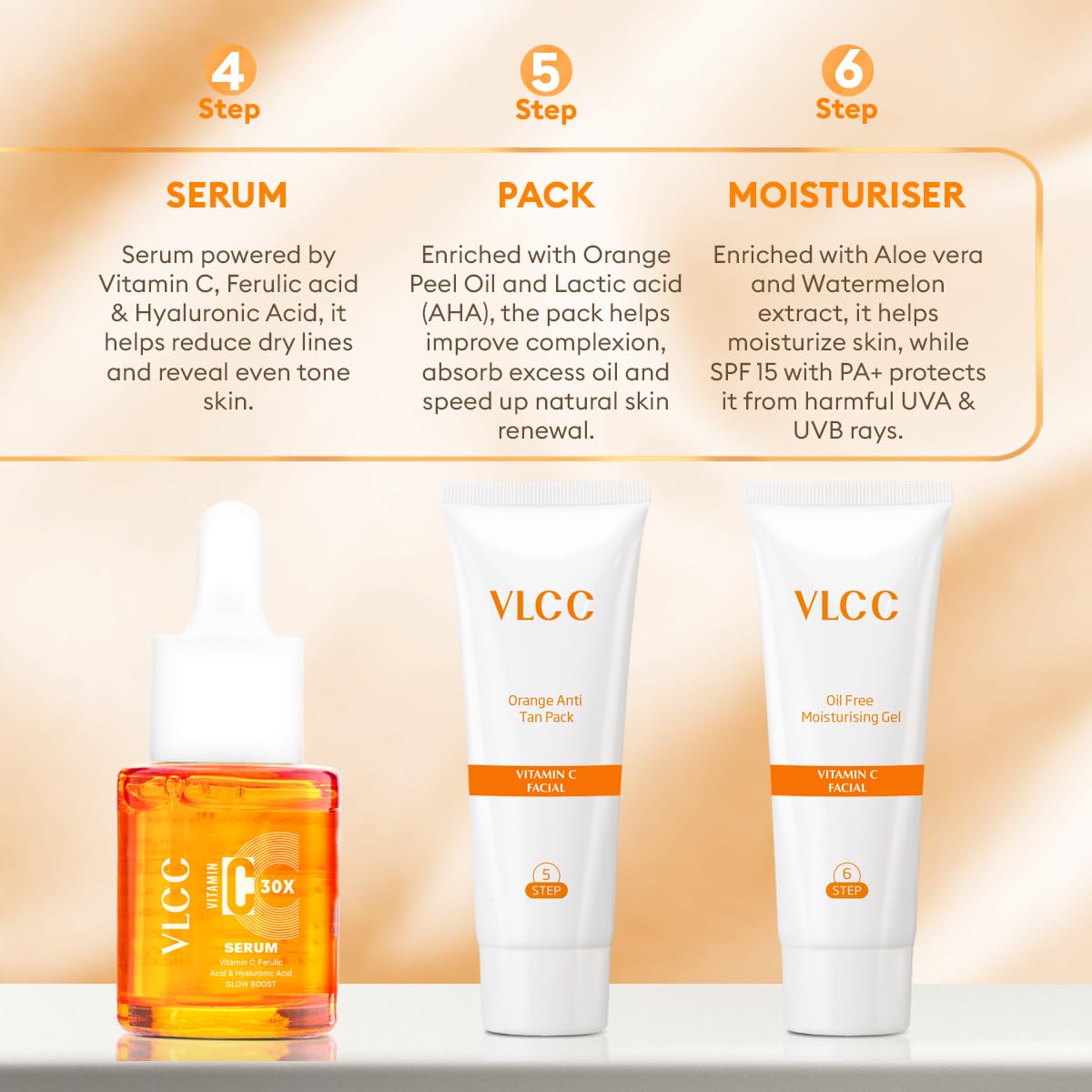 VLCC Vitamin C Serum Facial Kit - 135g | Skin Brightening Facial Kit | Skin Brightening Facial at Home | Fades Spots and Dullness | Vitamin C, Hyaluronic Acid & Ferulic Acid