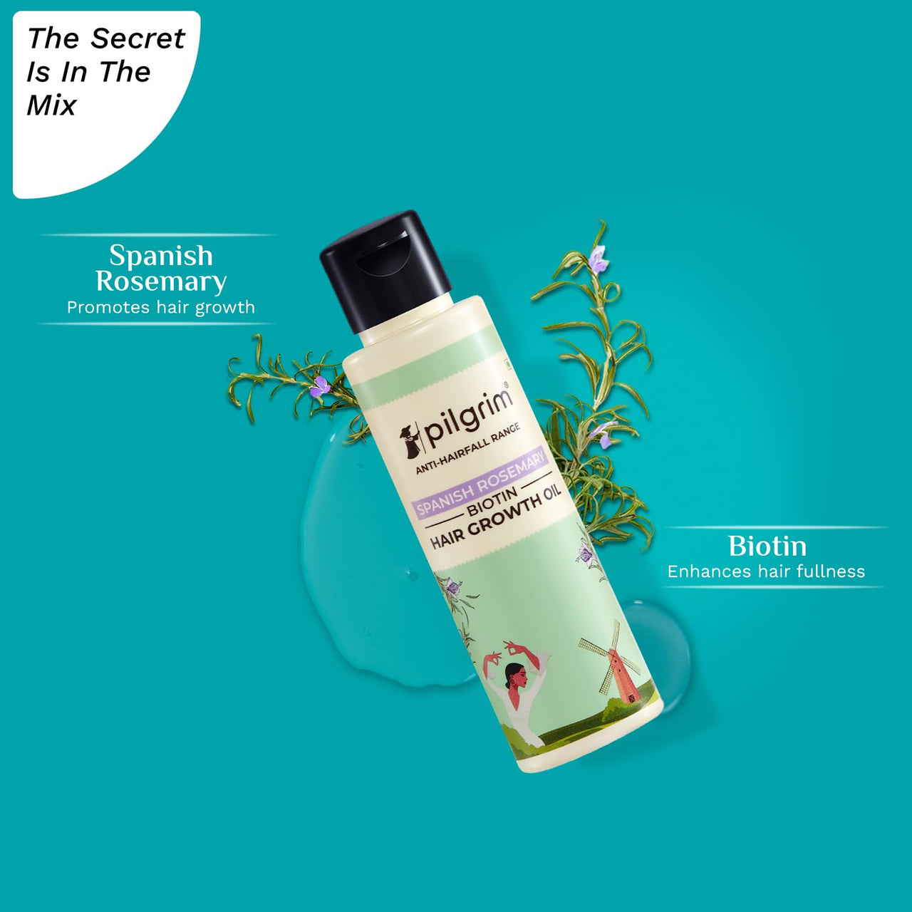 Pilgrim Spanish Rosemary & Biotin HairGrowth Oil to Control Hair Fall & Strengthens Hair 100ml | Rosemary essential oil for hairgrowth | Reduces Hairfall | Strengthens Hair I For Women and Men