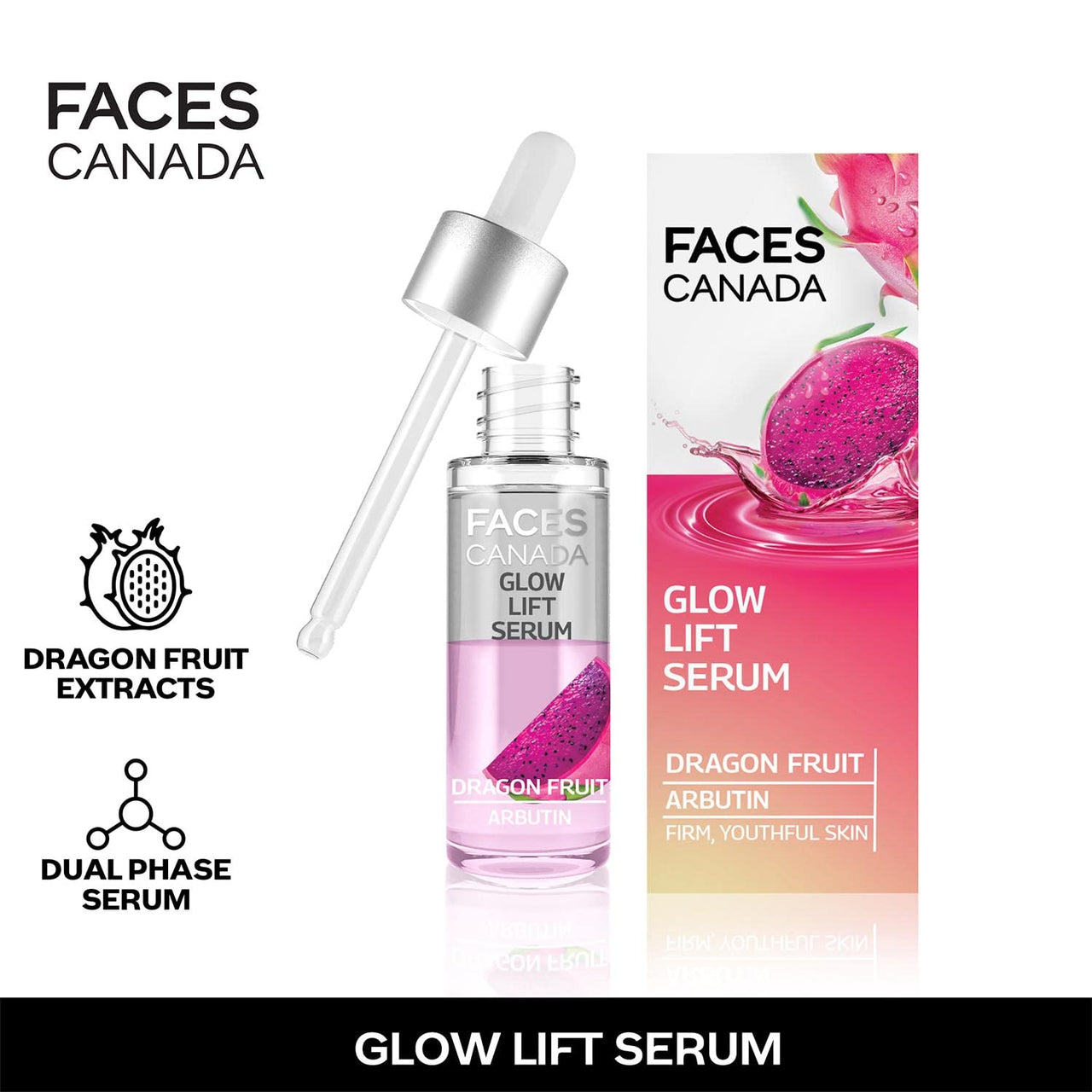 FACES CANADA Glow Lift Serum, 27 ml | Dragon Fruit & Arbutin | Biphasic Face Serum | Restores Glow & Hydrates For Spotless, Radiant & Plump Skin | Helps Reduce Dark Spots & Pigmentation | 2% Salicylic Acid (w/w)