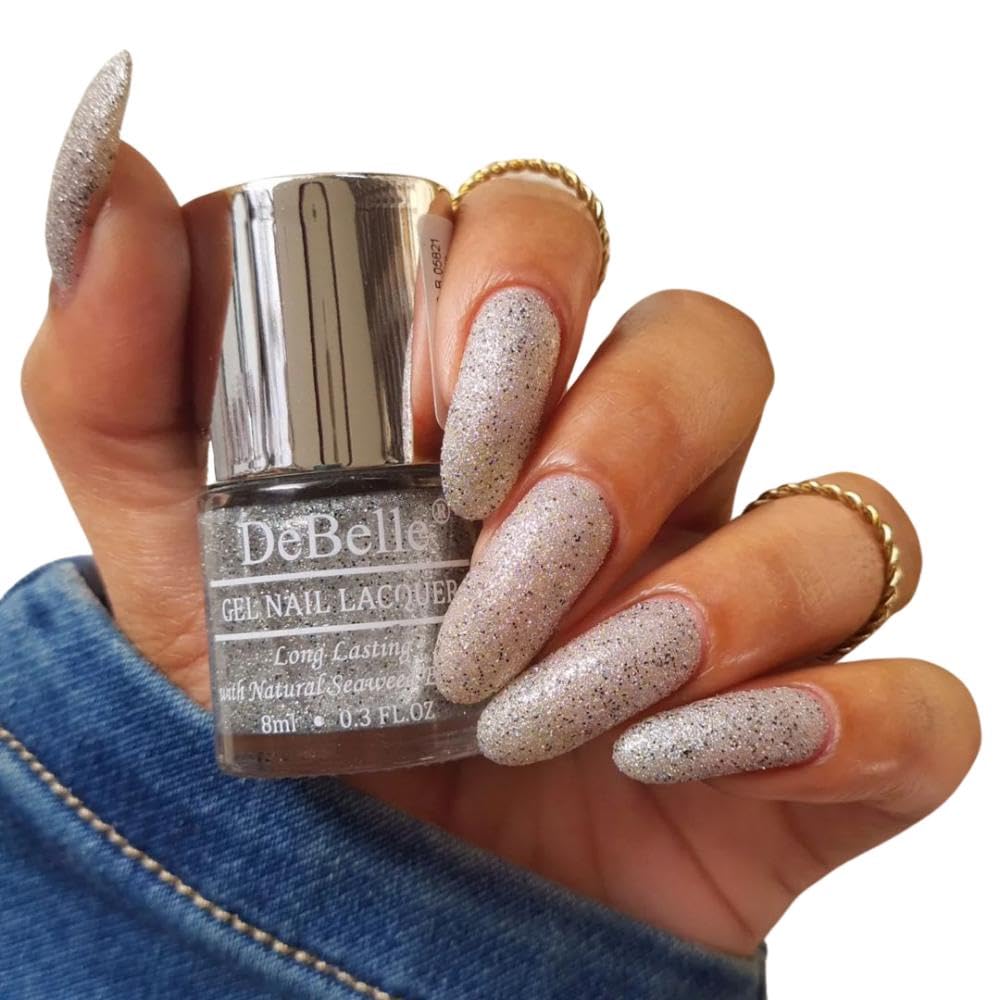 DeBelle Gel Nail Polish Estella (Silver with Black Glitter Sugar Finish Nail Paint)|Non UV - Gel Finish |Chip Resistant | Seaweed Enriched Formula| Long Lasting|Cruelty and Toxic Free| 8ml