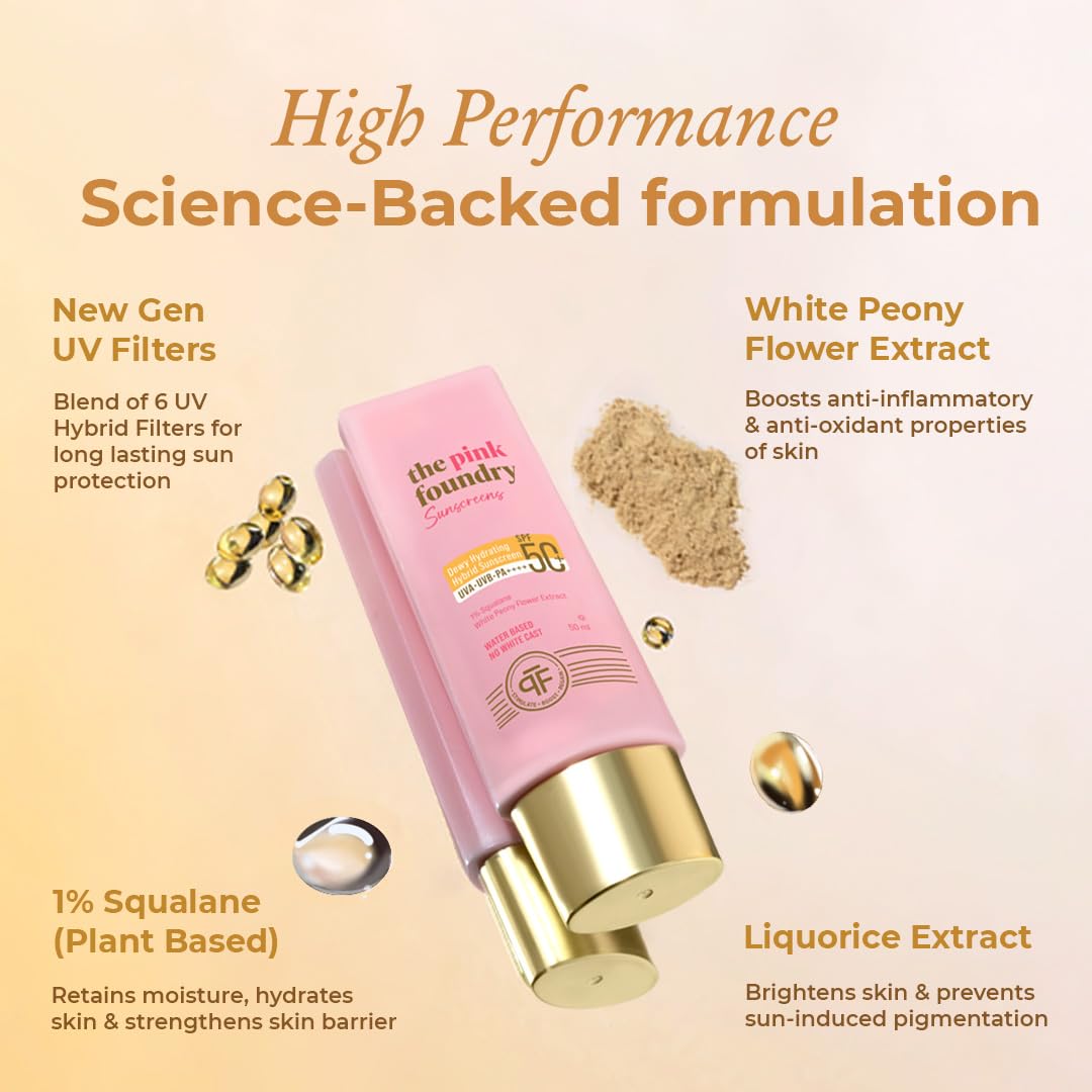 The Pink Foundry Dewy Hydrating Hybrid Sunscreen SPF 50+ | UVA UVB PA++++ | 1% Squalane & White Peony Flower Extract | No White Cast | Water Based | All Skin Types | Fragrance Free | Vegan | 50 ml