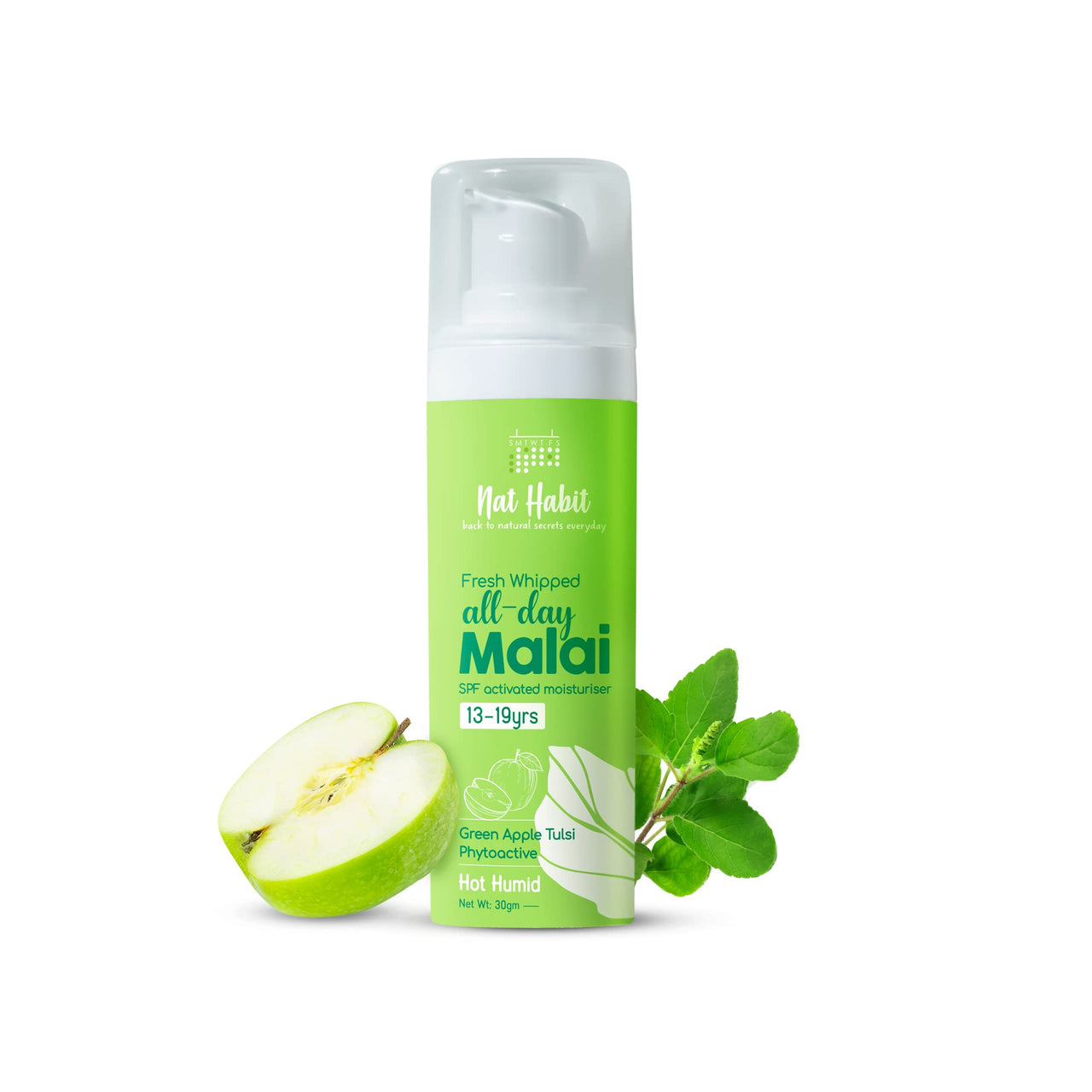 Nat Habit All Day Face Cream, Fresh Whipped Green Apple Face Malai Tulsi PhytoActive - For Hot and Humid Weather, Moisturization & Tan Protection (13 to 19 years, 30g)