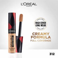 L'Oréal Paris Full Coverage Concealer, Waterproof Formula, For Undereye Circles and Blemishes, For Highlighting and Contouring, Infallible, Shade: 312, 10g