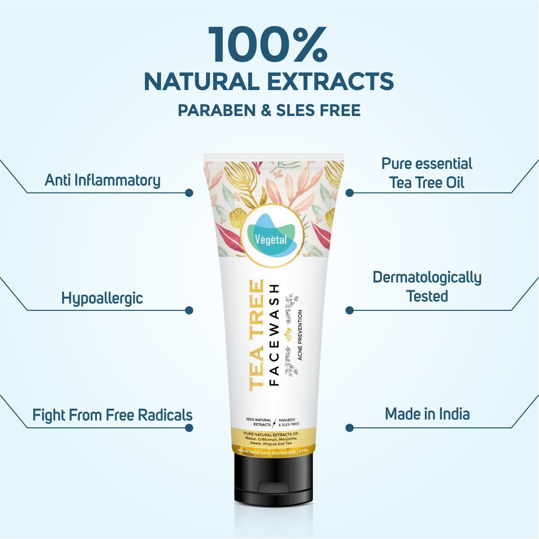 Vegetal Tea Tree Face Wash- Made of 100% natural extracts of Green Tea, Neem, Manjistha, & Khajoor- Anti Acne, Oil control, Free of Parabens, SLES & Harmful Chemicals