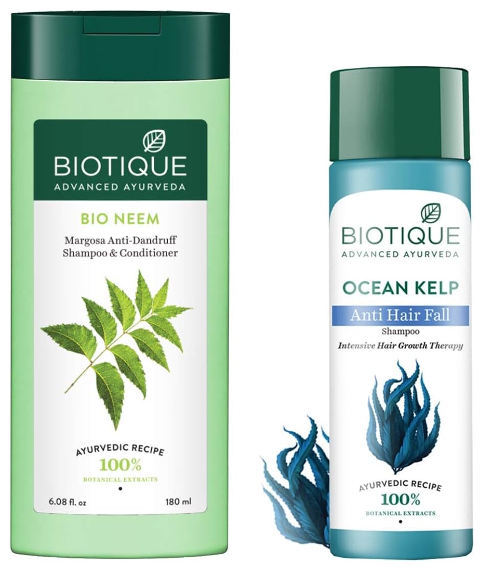Biotique Bio Kelp Fresh Growth Protein Shampoo, 190ml & Bio Neem Margosa Anti Dandruff Shampoo & Conditioner, 180ml