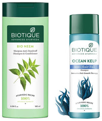Biotique Bio Kelp Fresh Growth Protein Shampoo, 190ml & Bio Neem Margosa Anti Dandruff Shampoo & Conditioner, 180ml