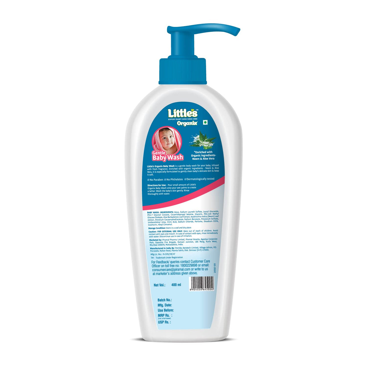 Little's Organix Gentle Baby Wash 400ml - Pump Pack | Dermatologically tested | With Organic Aloe Vera & Neem | pH balanced | All skin types