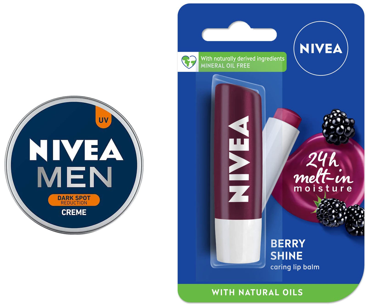 NIVEA Men Crème, Dark Spot Reduction, Non Greasy Moisturizer, Cream with UV Protect, 75 ml & Nivea Lip Balm, Fruity Berry Shine, 4.8G,Purple