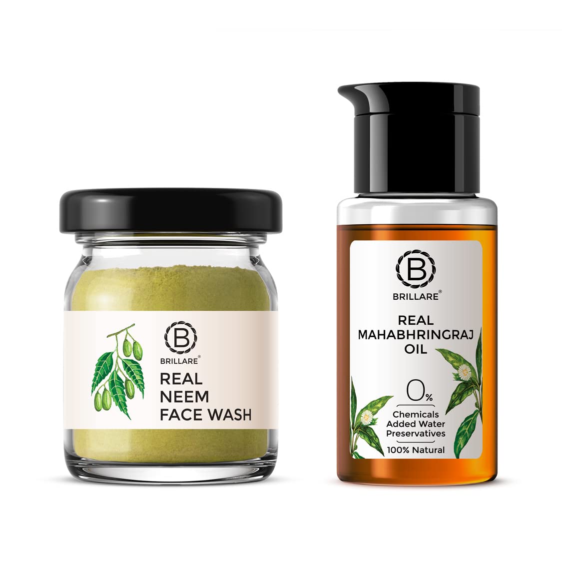Brillare Real Mahabhringraj Oil with 14 Traditional Herbs50ml & Brillare Neem Face Wash | for Acne & Pimples | with Bergamot for Clear Skin| 15g Combo