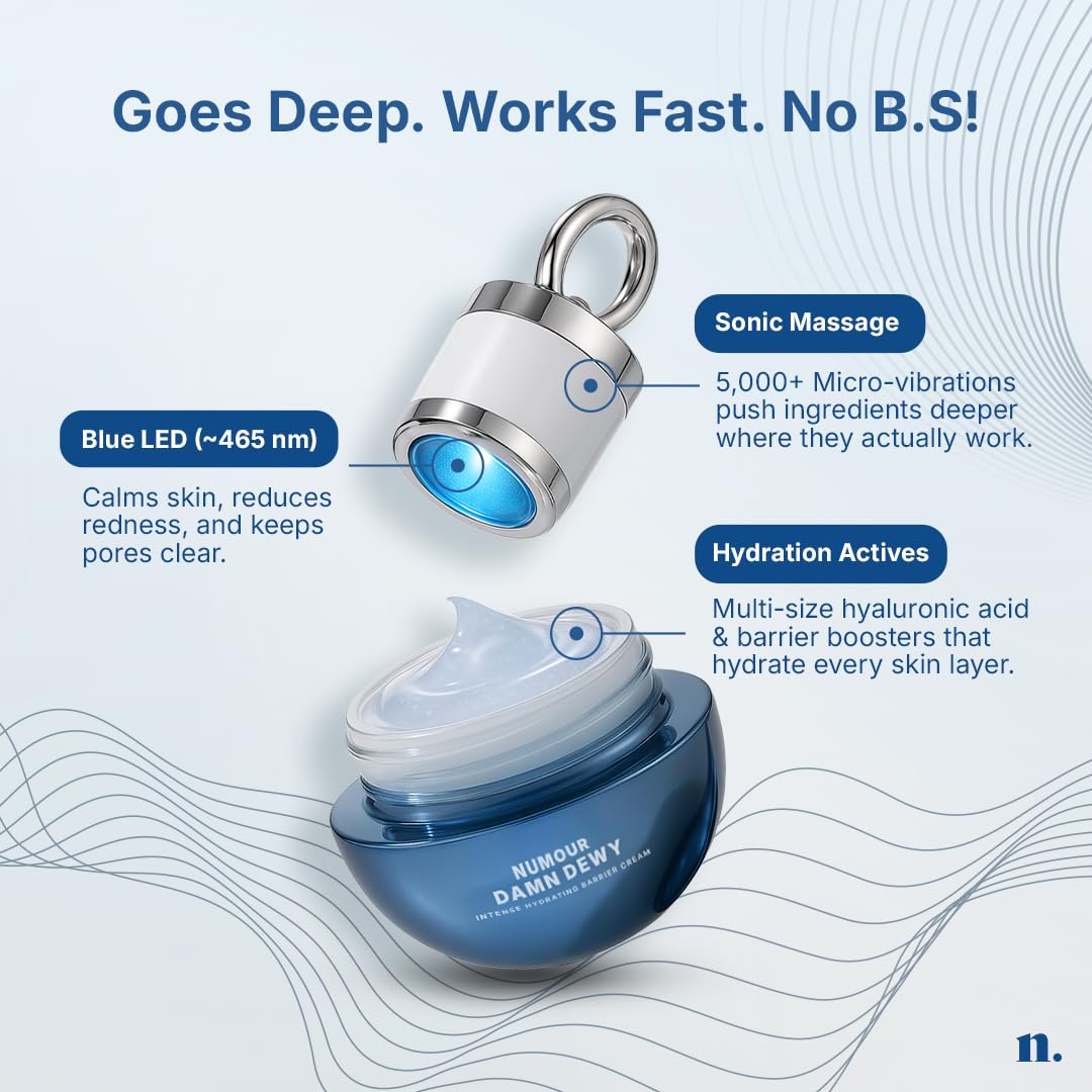 Numour Damn Dewy Face Moisturiser | 7% Hyaluronic Acid | Deep Hydration, Barrier Repair | Blue LED Massager for Enhanced Absorption | 30g | All Skin Types