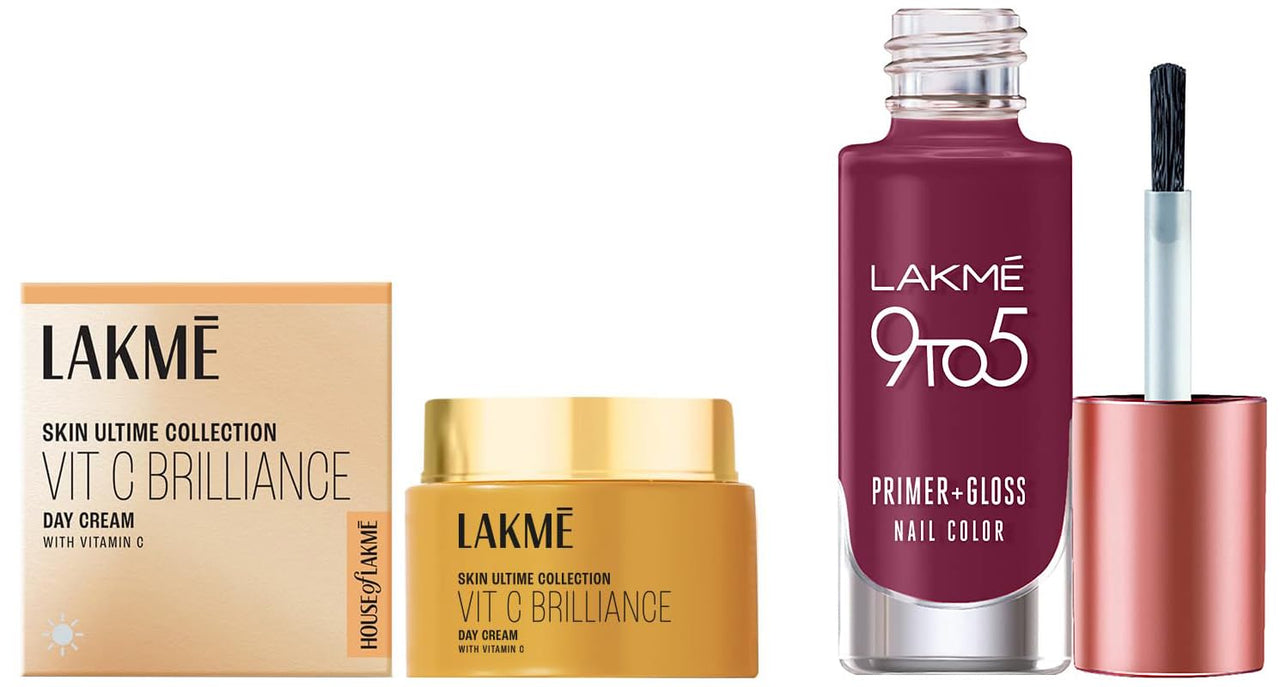 Lakme 9to5 1% Active Vitamin C+ Day Cream for Face & Lakmé 9To5 Primer + Glossy Finish Nail Colour