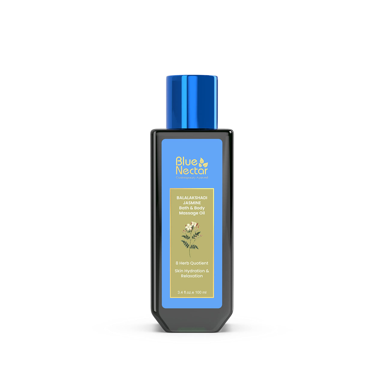 Blue Nectar Body Oil for Women & Men | Bath & Body Massage Oil with Ashwagandha & Natural Jasmine Oil | Plant Based Aromatherapy (8 Herbs, 100ml)