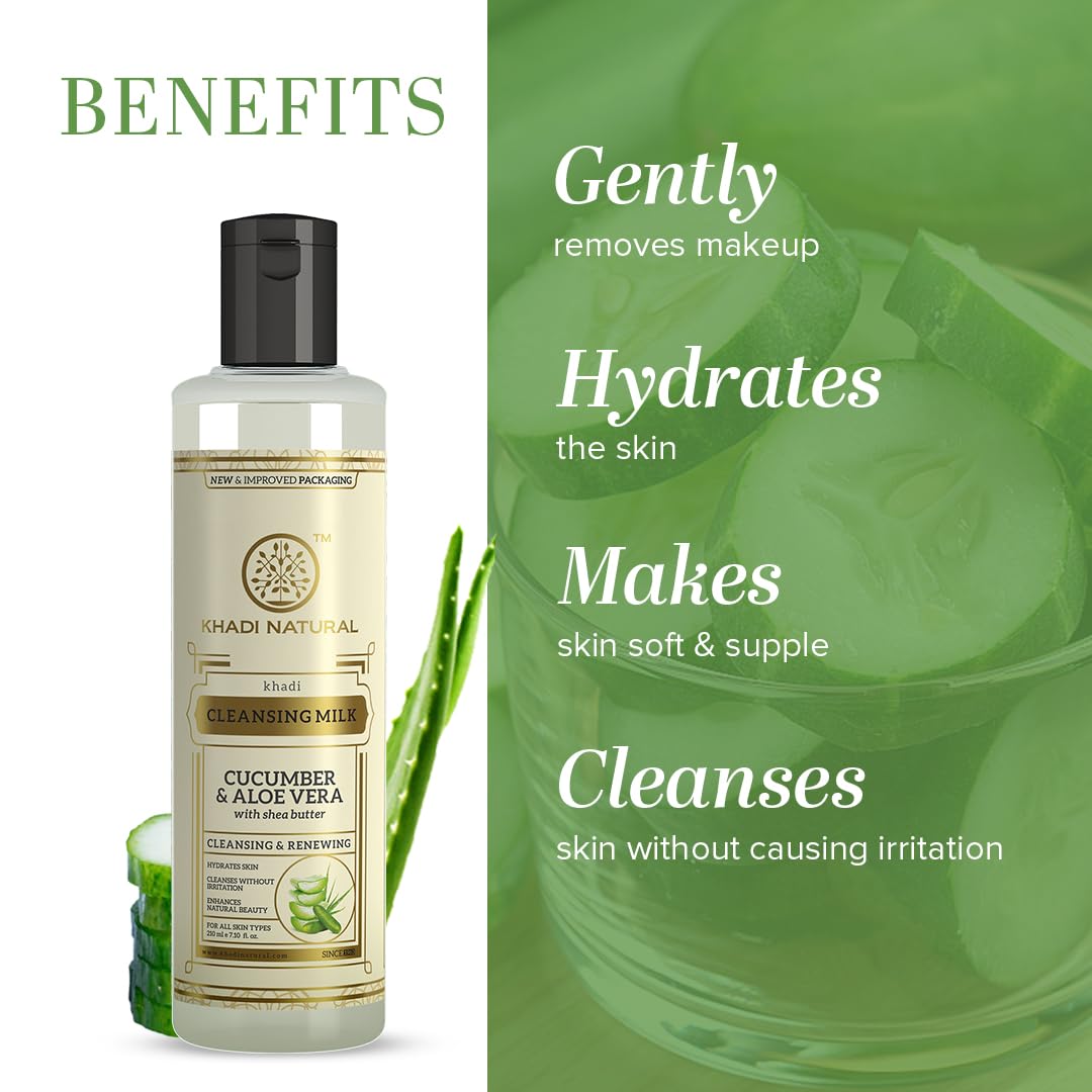 Khadi Natural Cucumber and Aloevera Cleansing Milk | Make up Remover with Shea/Kokum Butter| Keeps your skin toned| For All Skin Types | Rich in Anti-oxidants| 210ml