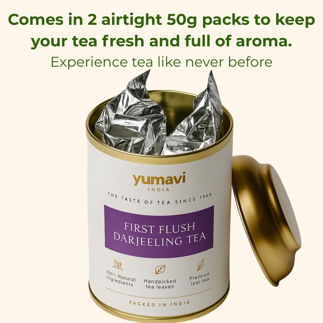 Yumavi First Flush Darjeeling Tea - 50+ Cups (100g) | No HARMFUL PET jars or Plastic | Loose Leaf Black Tea - Flowery, Aromatic & Delicious | Champagne Of Teas | Mellow & Fragrant | Direct From India