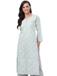 Ada Hand Embroidered Lucknowi Chikankari Straight Cotton Kurti Kurta for Women A220999 White 2XL