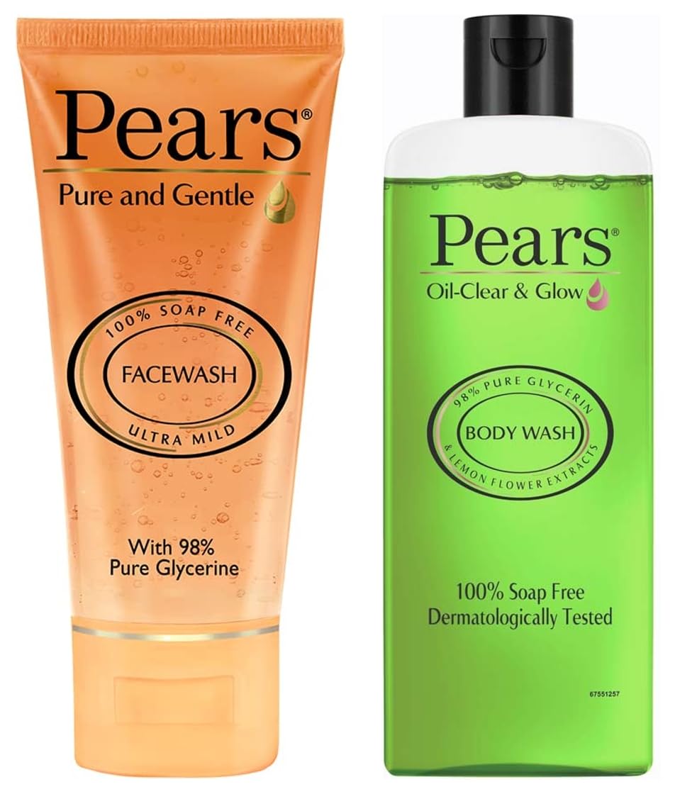 PEARS Pure and Gentle Daily Cleansing Facewash, Mild Cleanser With Glycerine, Balances PH, 100% Soap Free, 150 g & Pears Oil Clear & Glow Shower Gel 250 Ml