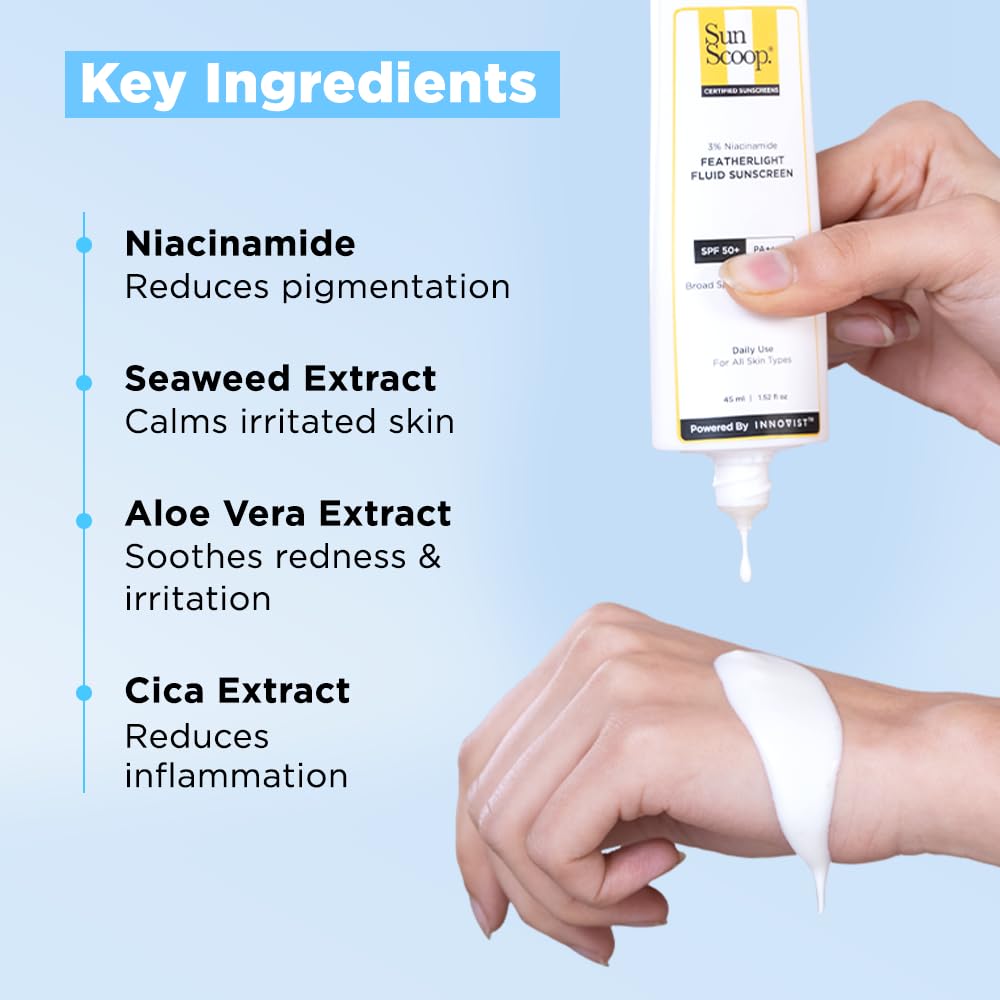 SunScoop 3% Niacinamide Fluid Sunscreen | Ultra-Light Texture | SPF 50+ PA++++| Fast Absorption, Prevents Tanning & Sunburn | 8 Hrs+ SPF Protection, for Oily Skin & No White Cast | Reduces pigmentation | All SkinTypes | 45ml