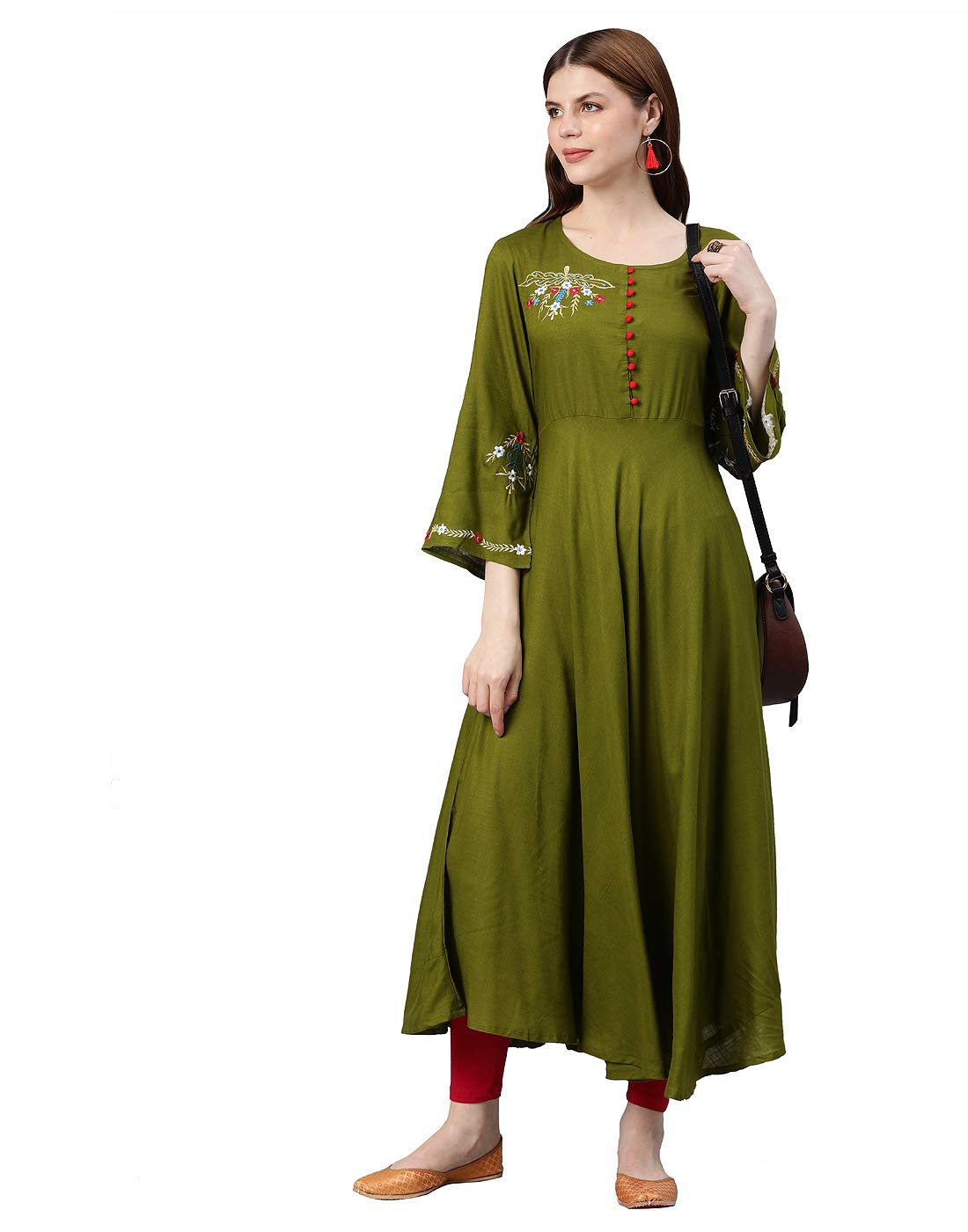 Yash Gallery Women's  Rayon Buta Embroidered Anarkali Kurta (Olive Green)