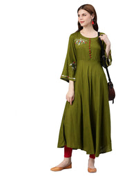 Yash Gallery Women's  Rayon Buta Embroidered Anarkali Kurta (Olive Green)