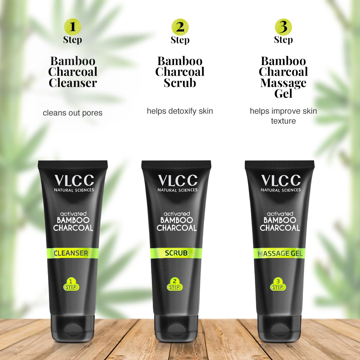 VLCC Activated Bamboo Charcoal Facial Kit with FREE Rose Water Toner - 300g + 100ml | Anti-Blemish Skin Purifying | At Home Facial Kit | Anti-Acne Facial with Activated Bamboo Charcoal