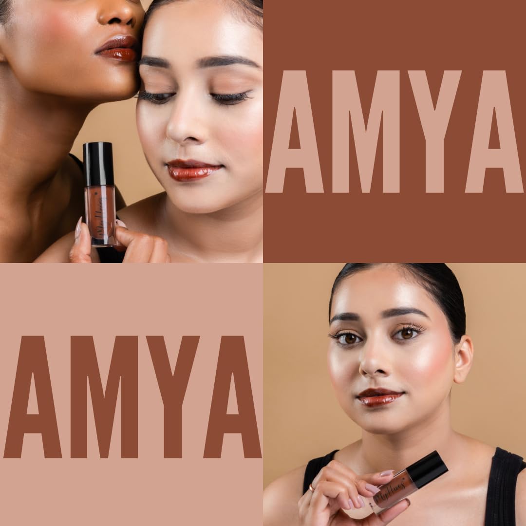 MyHues HyGlow Lip Elixir, Lip Gloss and Oil Hybrid, Nourishing Jojoba, Almond, Squalane 100% (Plant Derived), Shea Butter, Moisturizing, Buildable Colour, Glossy Finish - Caramel Brown (Amya)