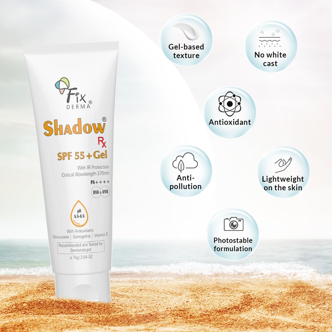 Fixderma Shadow RX Sunscreen SPF 55+ Gel PA+++ | Sunscreen for Oily Skin | Minimum Sunscreen SPF 50 | Sunscreen for Body & Face | Hybrid Sunscreen with UVA, UVB, IR Protection and Vitamin E - 75gm