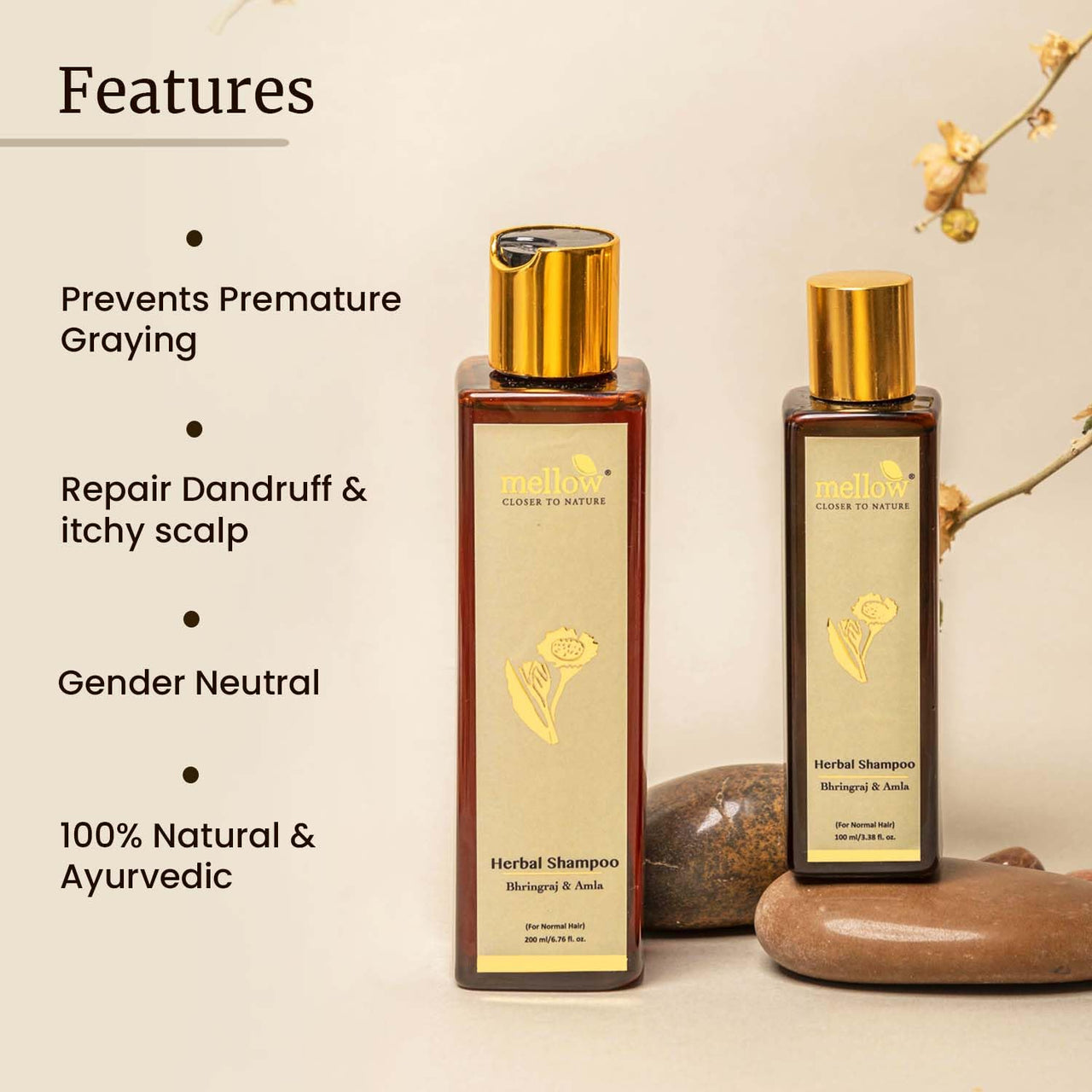 Mellow Herbal Bhringraj Shampoo For Normal To Oily Hair (200 ml) | Amla, Reetha, Shikakai & Bhringraj | Helps to balance scalp PH, Anti dandruff | Ayush Certified | 100% chemical-free