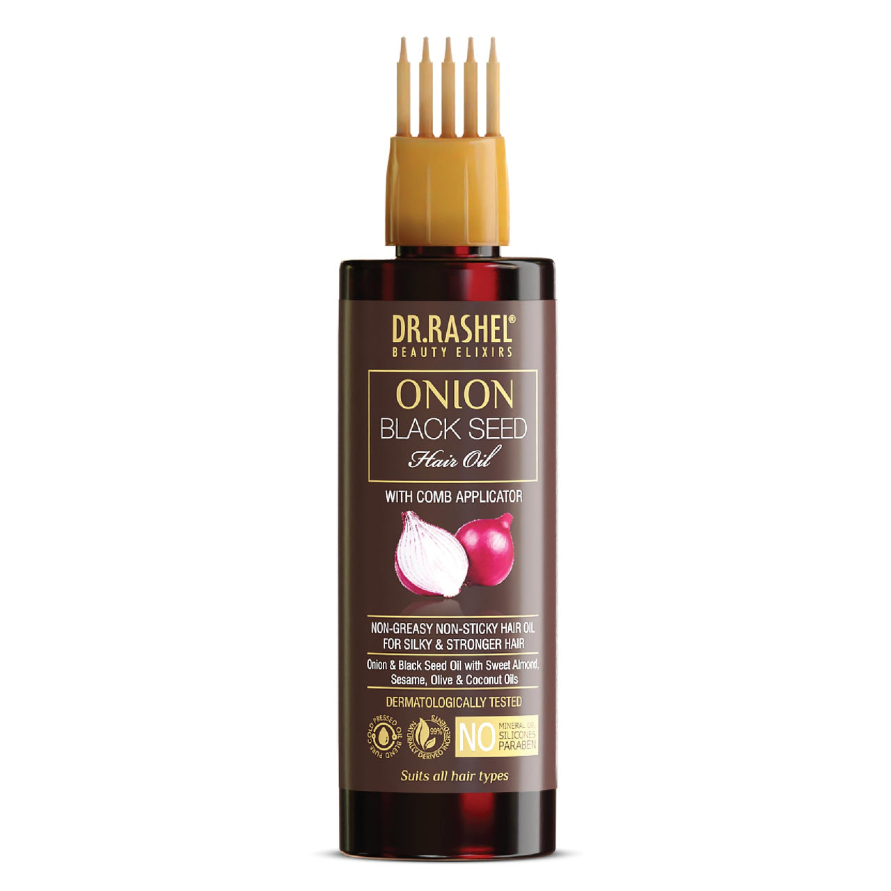 DR.RASHEL Onion Oil - Black Seed Onion Hair Oil With Comb Applicator - Controls Hair Fall - No Mineral Oil, Silicones & Paraben - 100 ml