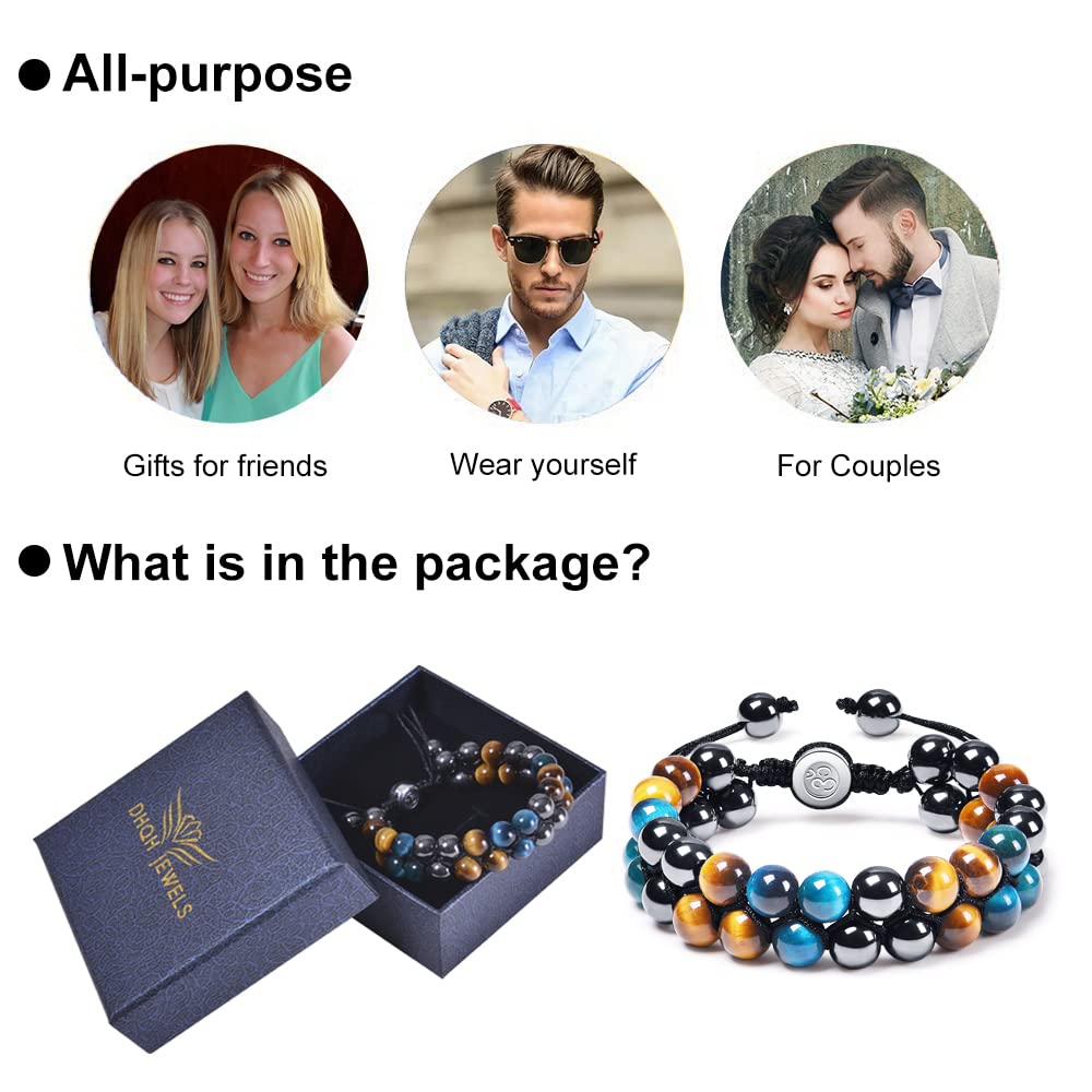 DHQH Triple Protection Bracelet Natural Black Obsidian Tigers Eye Hematite 8-10mm Beads Handmade Bracelet- Healing Crystal Bracelet Bring Luck Prosperity and Happiness A-Blue Triple Bracelet