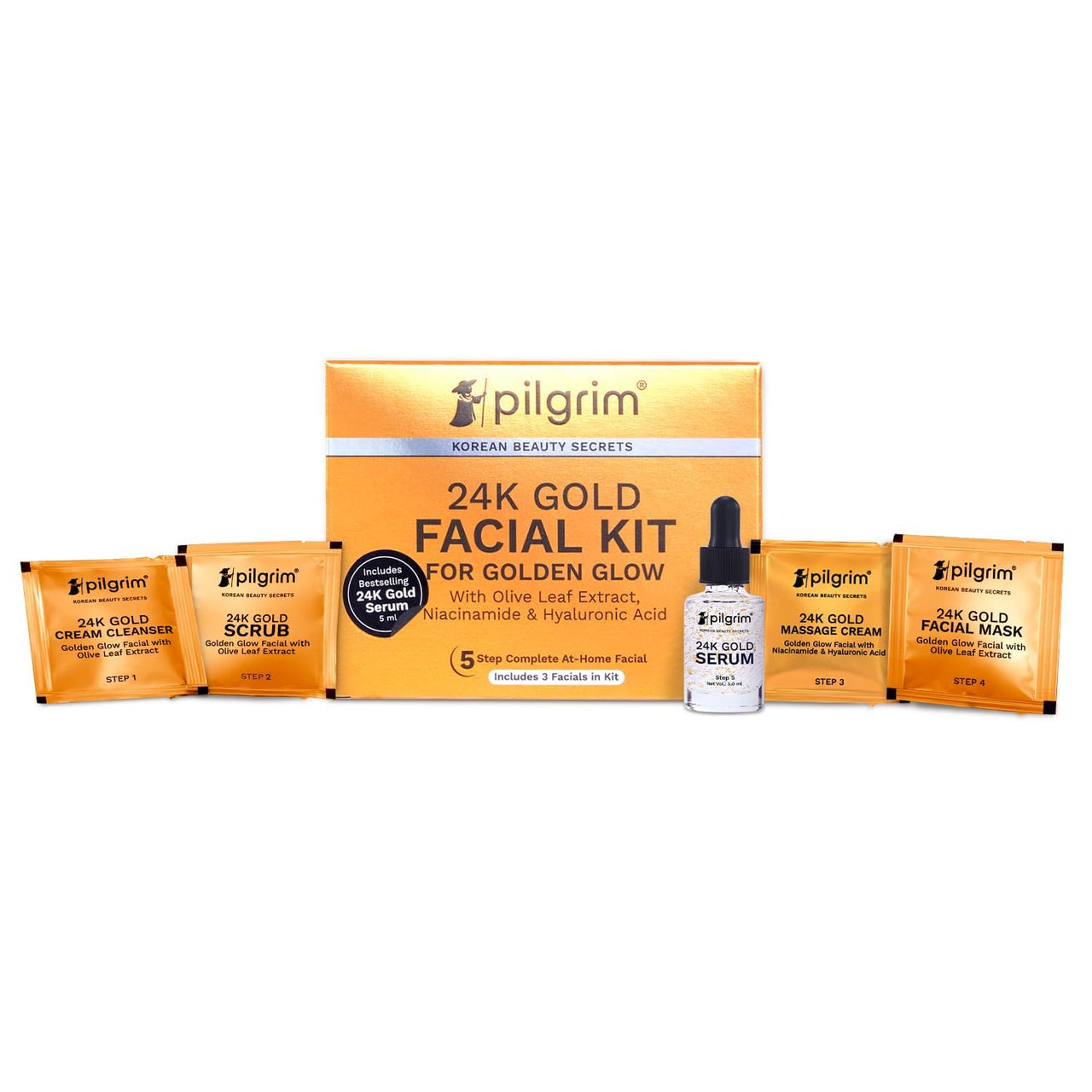 Pilgrim 24K Gold Facial Kit for Instant Radiance & Golden Glow: Includes Gold Cleanser, Scrub, Massage Cream, Facial Mask, Red Vine Mist & Toner (30ml)