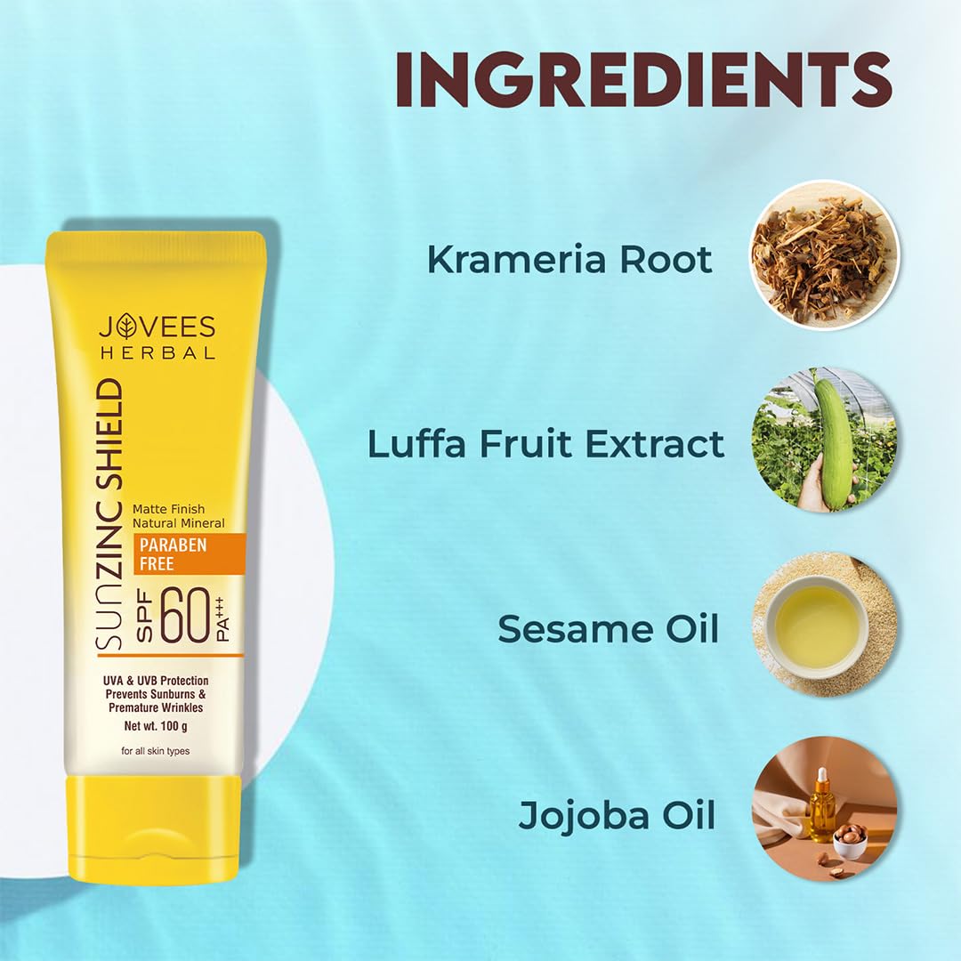 Jovees Herbal Sun Zinc Shield SPF 60 PA+++ Broad Spectrum | Matte Finish | Oil Free | UVA/UVB & Blue Light Protection | For All Skin Types 100g (Pack of 2)