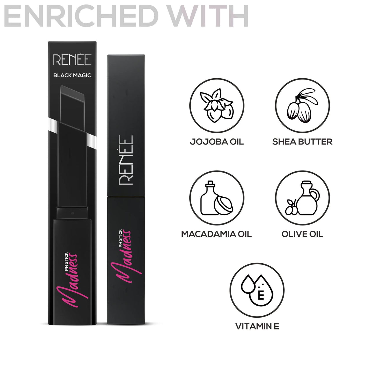 RENEE Madness Ph Lipstick | Black Lipstick With Glossy Pink Payoff| Long Lasting Nourishment, Enriched With Vitamin E & Jojoba Oil| Vegan & Paraben Free | 3gm