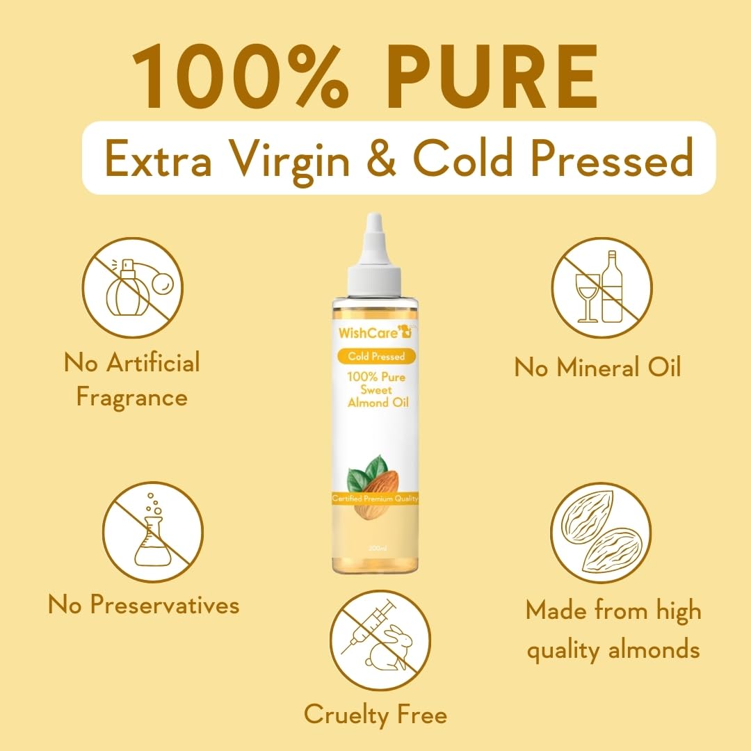 WishCare® Pure Cold Pressed Sweet Almond Oil for Hair Growth and Glowing Skin & Face - 200ml