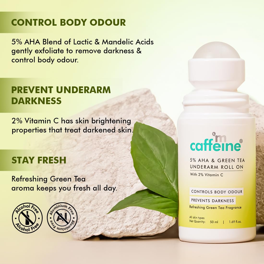mCaffeine 5% AHA Underarm Roll On with Green Tea, 5% Lactic Acid & Mandelic Acid| 48H Odour Control | Prevents Darkness & Pigmentation, Kills Bacteria, Alcohol & Aluminum Free for Men and Women - 50ml