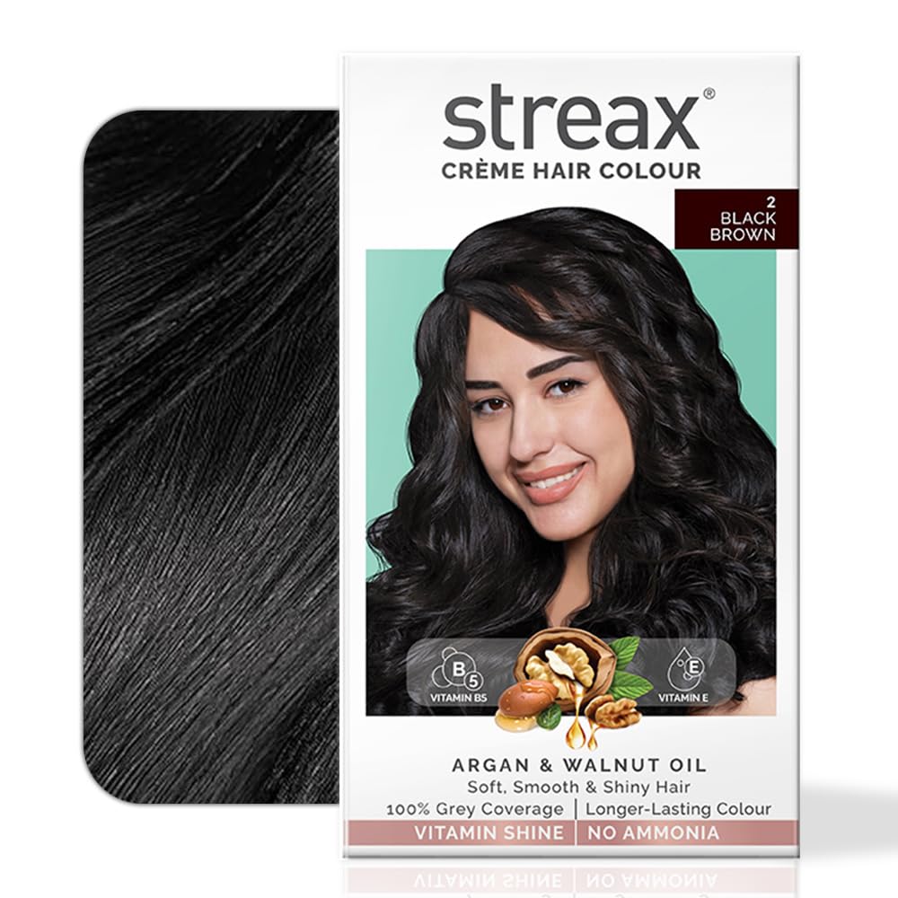 Streax Permanent Hair Colour, 100 % Grey coverage, Infused with Argan and Walnut Oil, Long Lasting Cream Hair Colour for Women, Brown Hair Colour, 2 Black Brown, 120 ml, Pack of 1