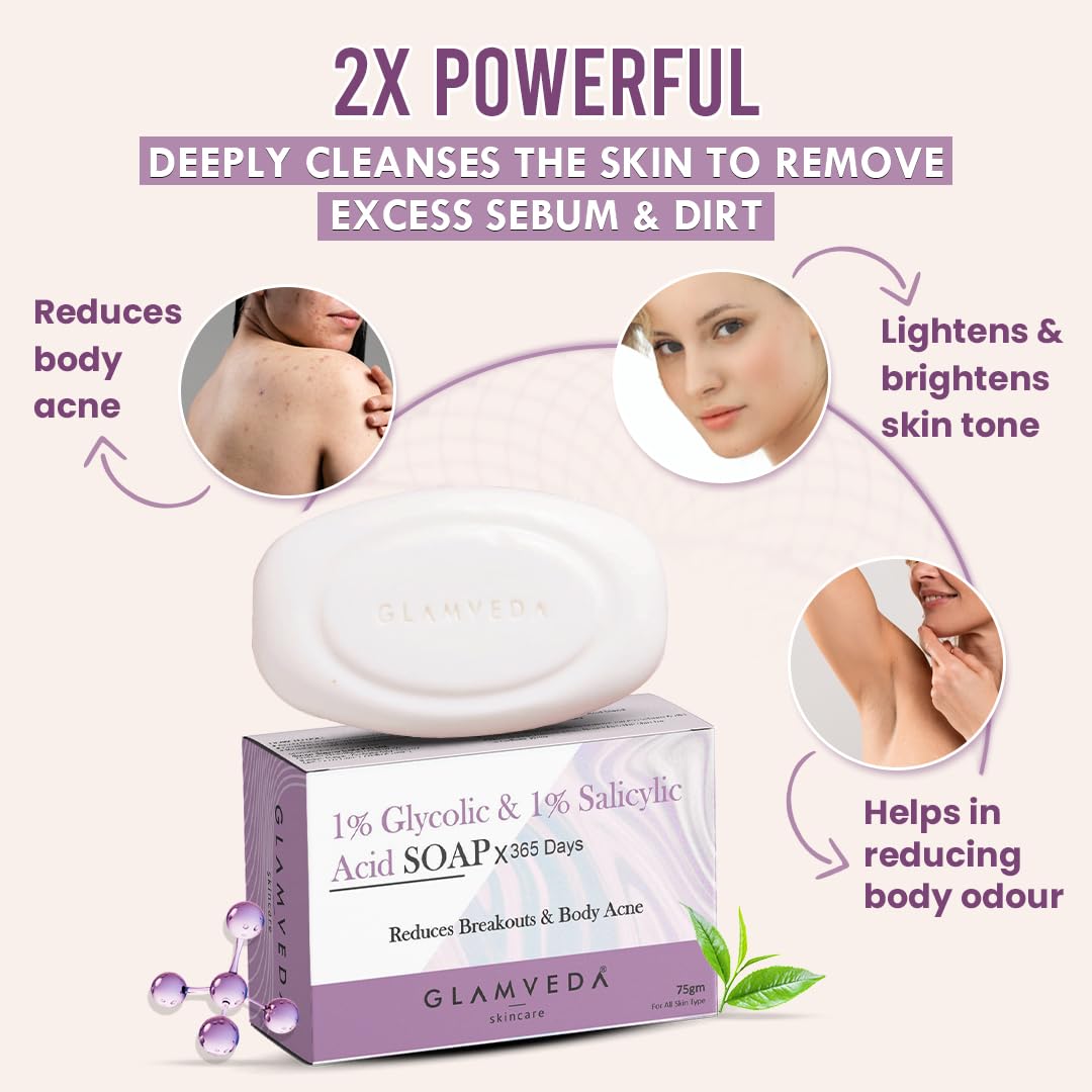 Glamveda Anti Acne 1% ww Glycolic Acid & 1% ww Salicylic Acid Soap | Reduces Dark Spots, Acne Scars & Hyperpigmentation - 75gm Pack of 1