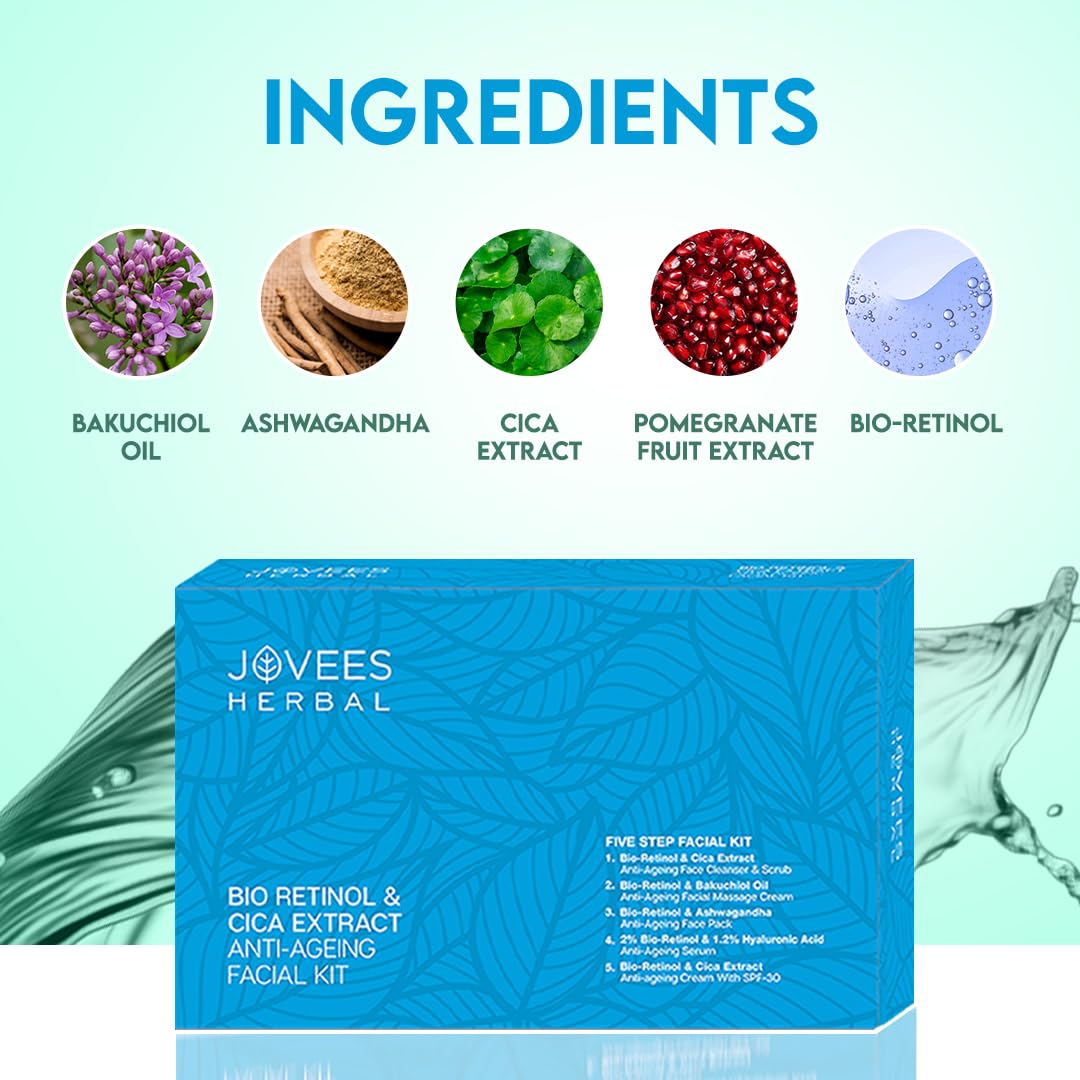 Jovees Herbal Bio Retinol & Cica Extract Anti Ageing Facial Kit For Ageing, Wrinkles, Fine Lines & Dark Spots With Bakuchiol Oil | 5 Step Facial Kit For All Skin Types 215g