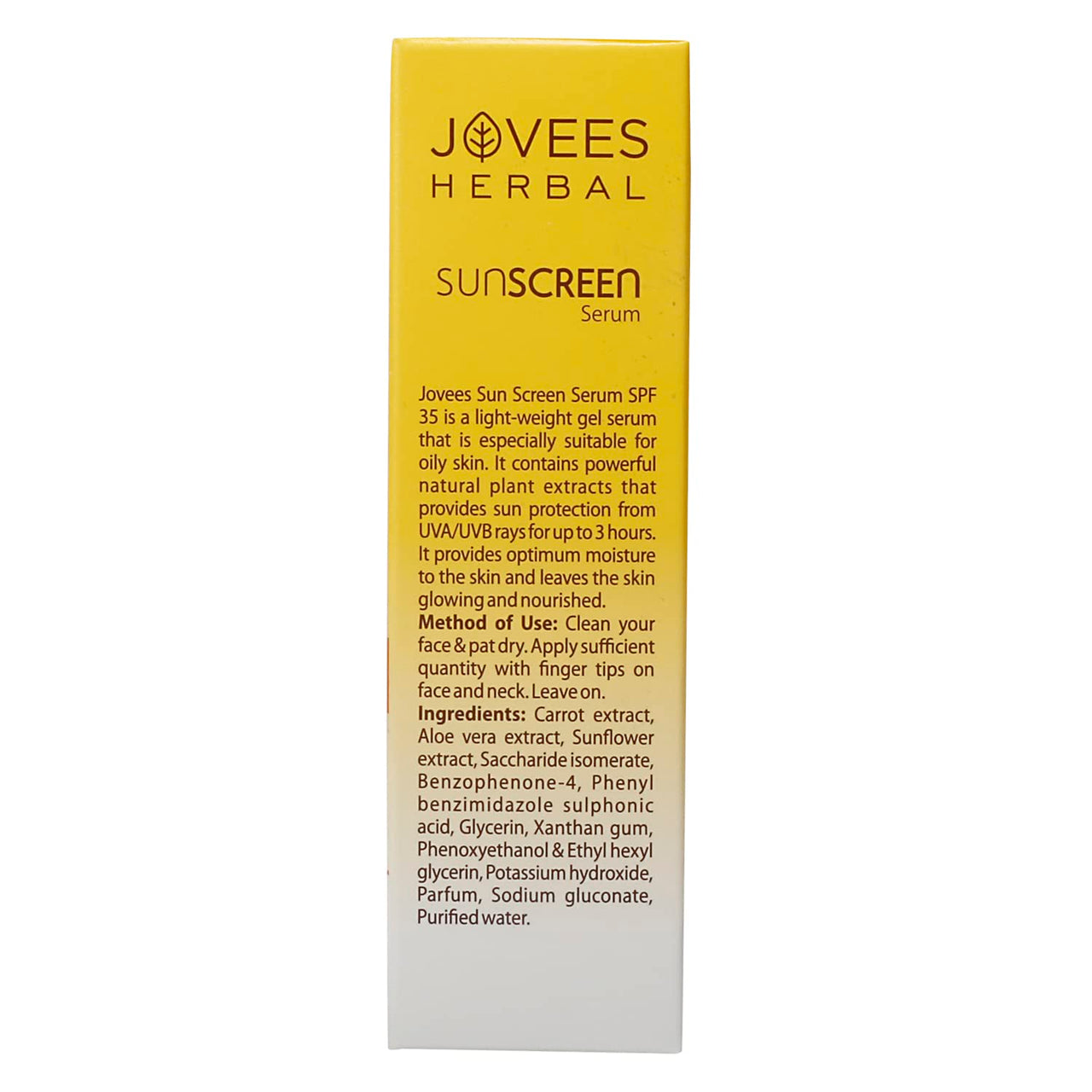 Jovees Herbal Sunscreen Face Serum SPF 35 with Aloe Vera, Carrot and Sunflower Extract, Advanced Light Weight Gel Based Formula For Sun Protection 30ml - For Oily & Acne Prone Skin